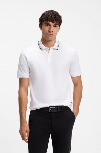 Slim-fit polo shirt in cotton with striped collar, White