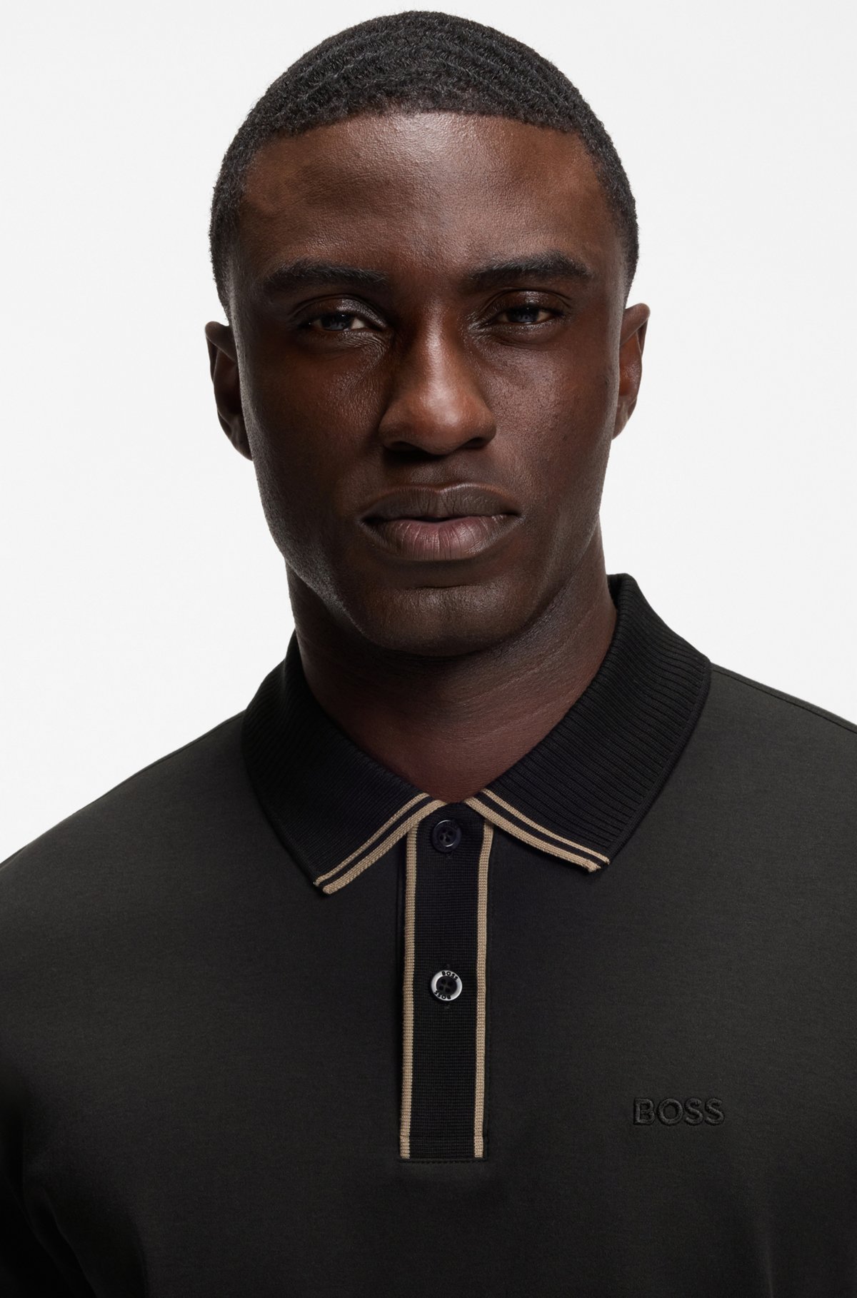 Striped-trim polo shirt in interlock cotton, Black