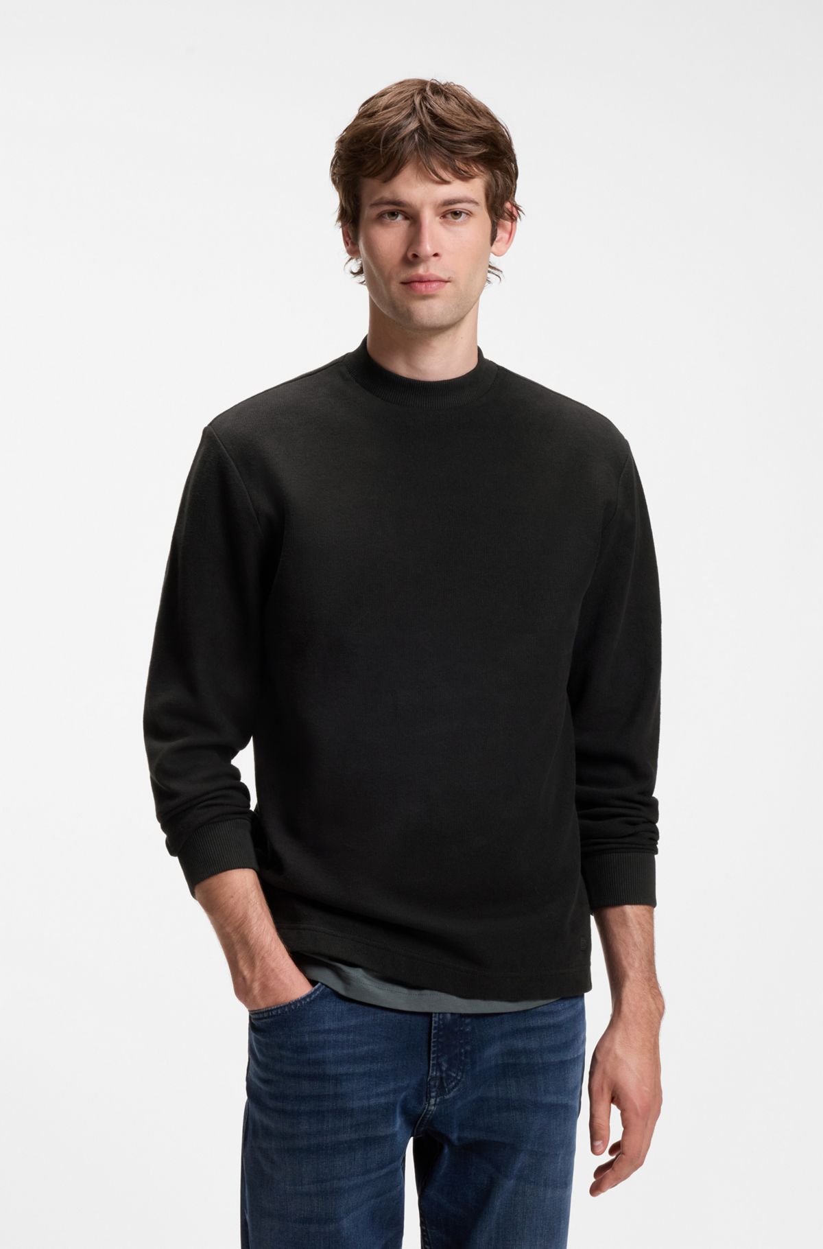 Long-sleeved T-shirt in cotton with mock neckline, Black