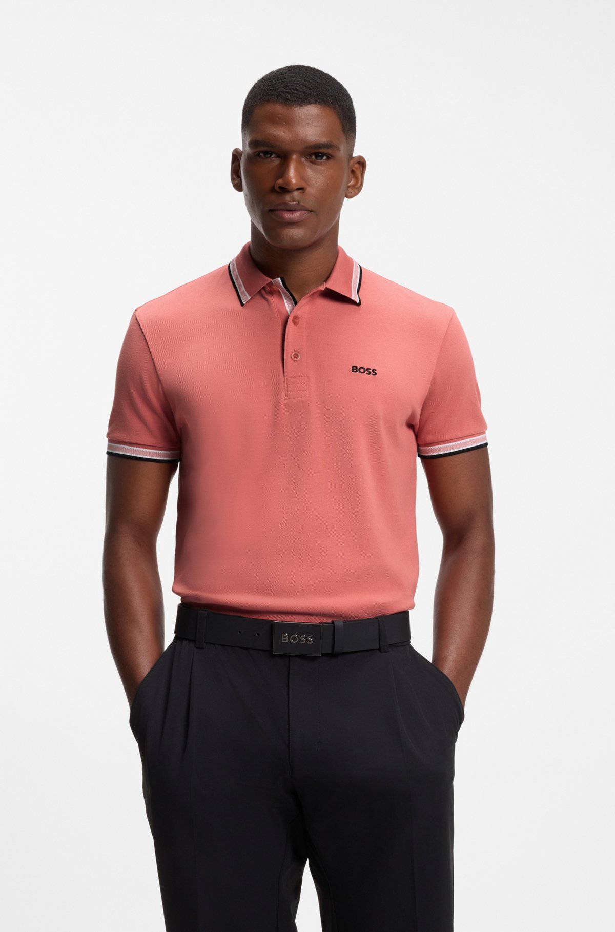 Cotton piqué polo shirt with logo details, Coral