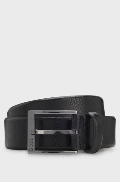 Grained Italian-leather belt with gunmetal pin buckle, Black
