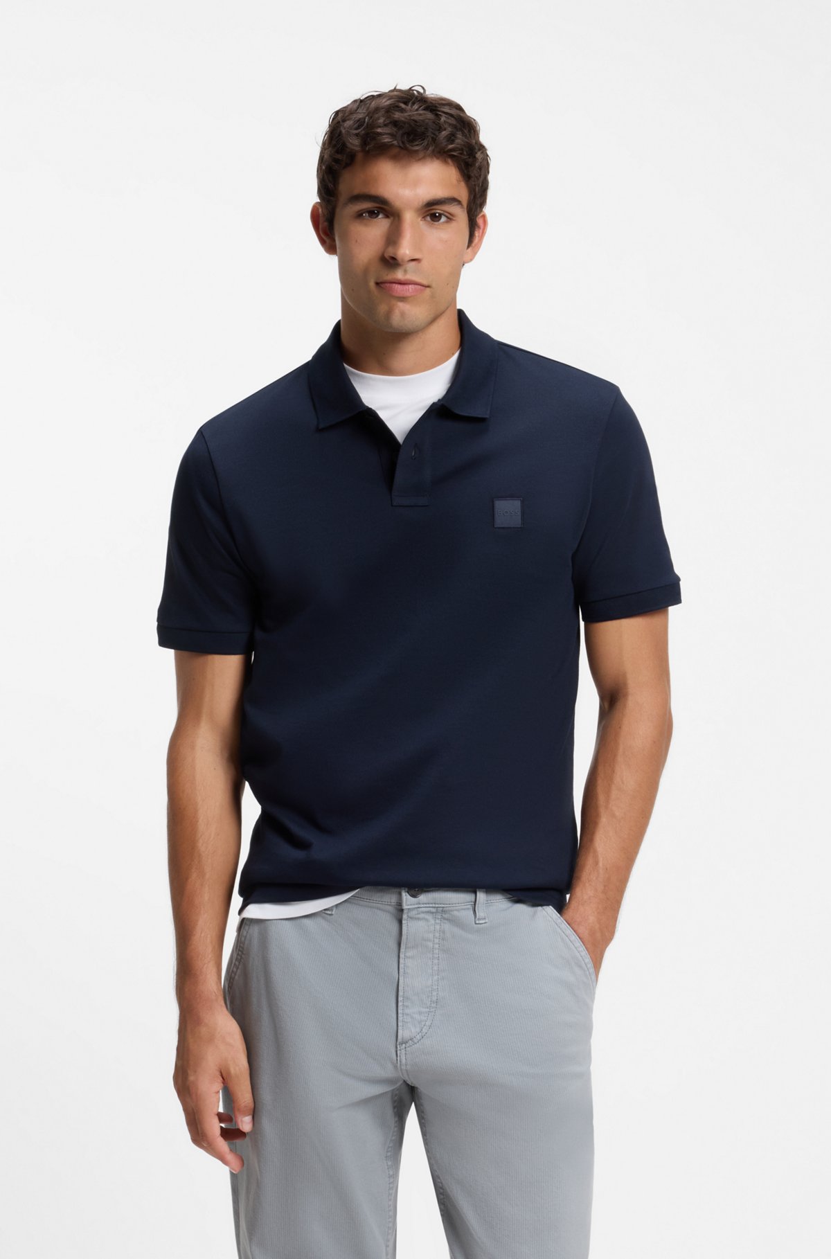 Stretch-cotton slim-fit polo shirt with logo patch, Dark Blue