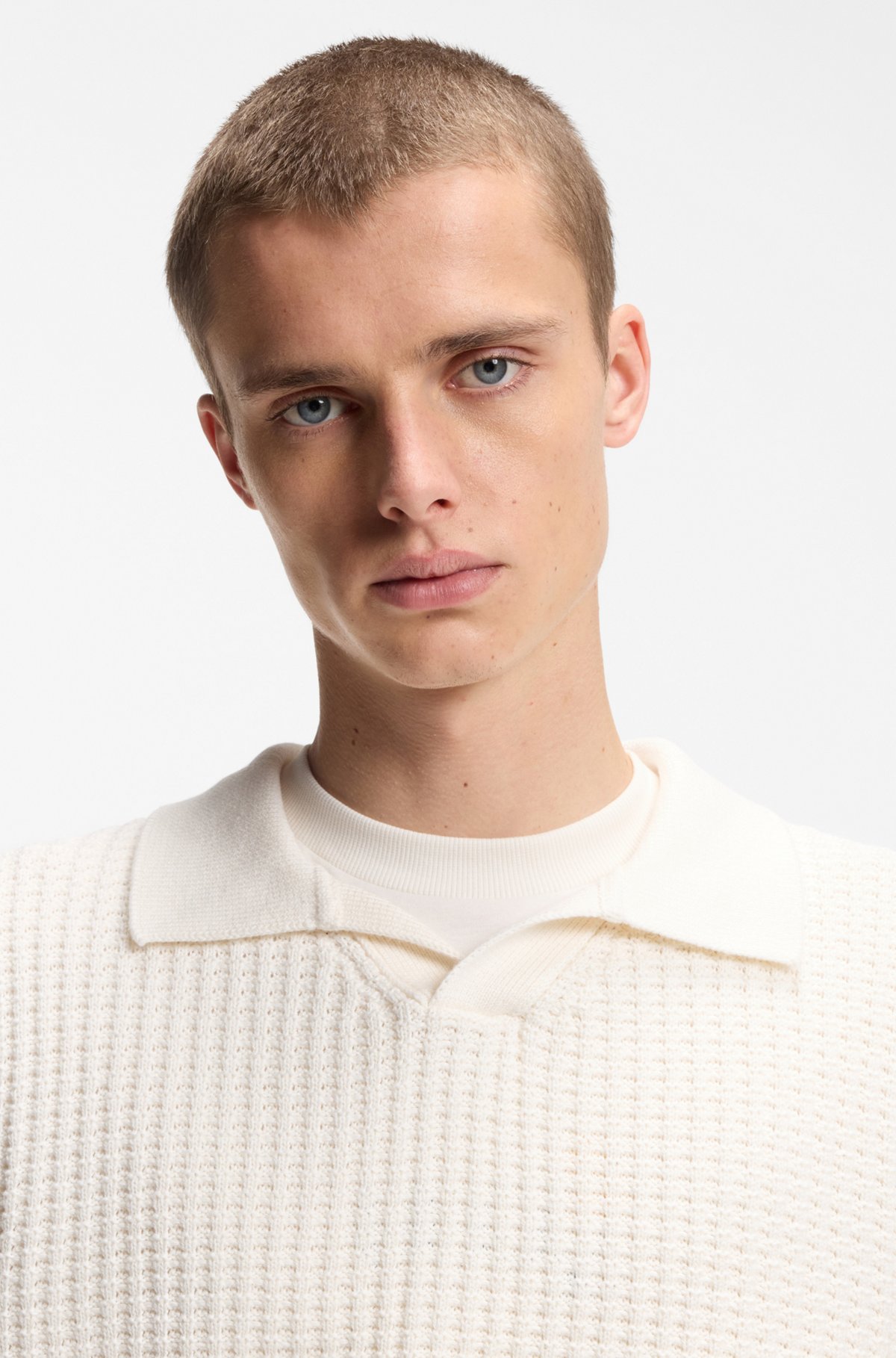 Waffle-structure knit polo with Johnny collar, Natural