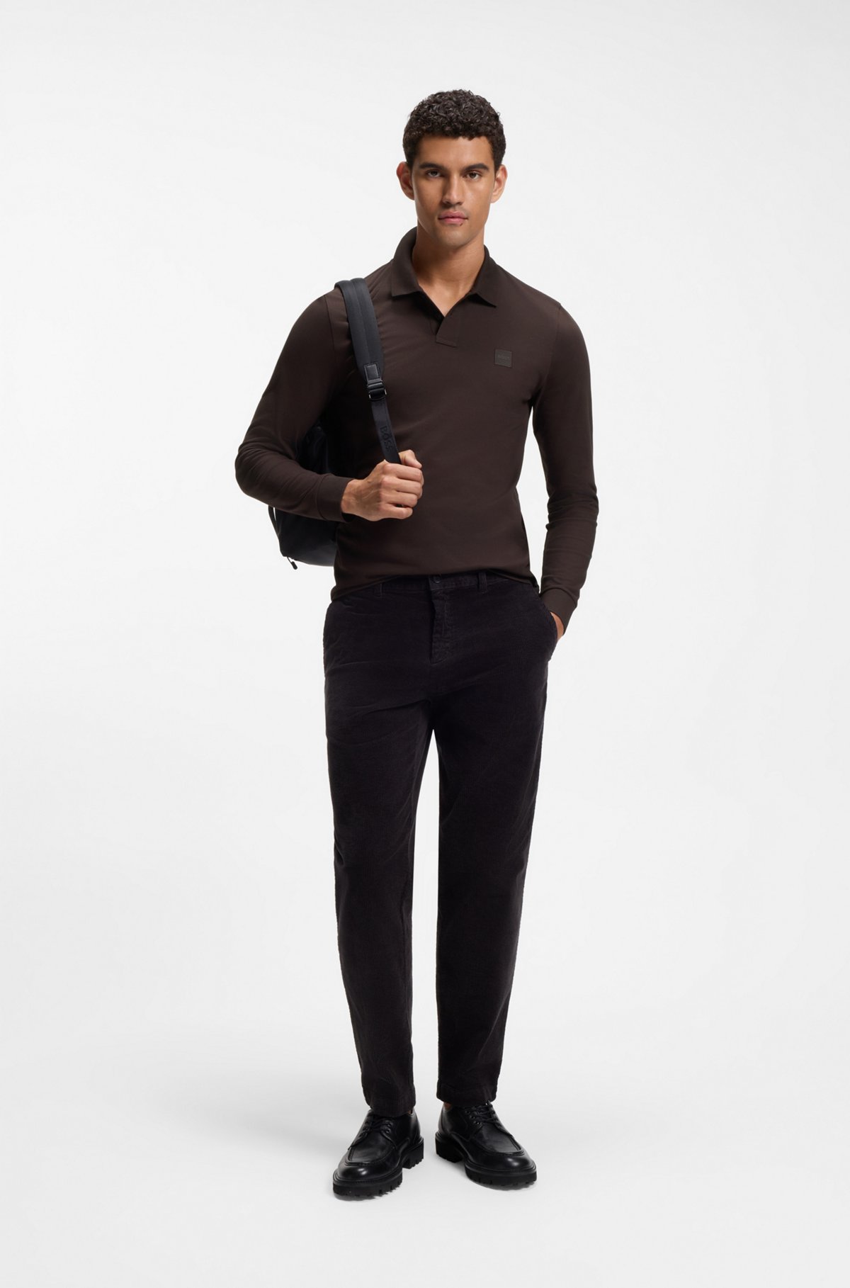 Slim-fit polo shirt in stretch-cotton piqué, Dark Brown