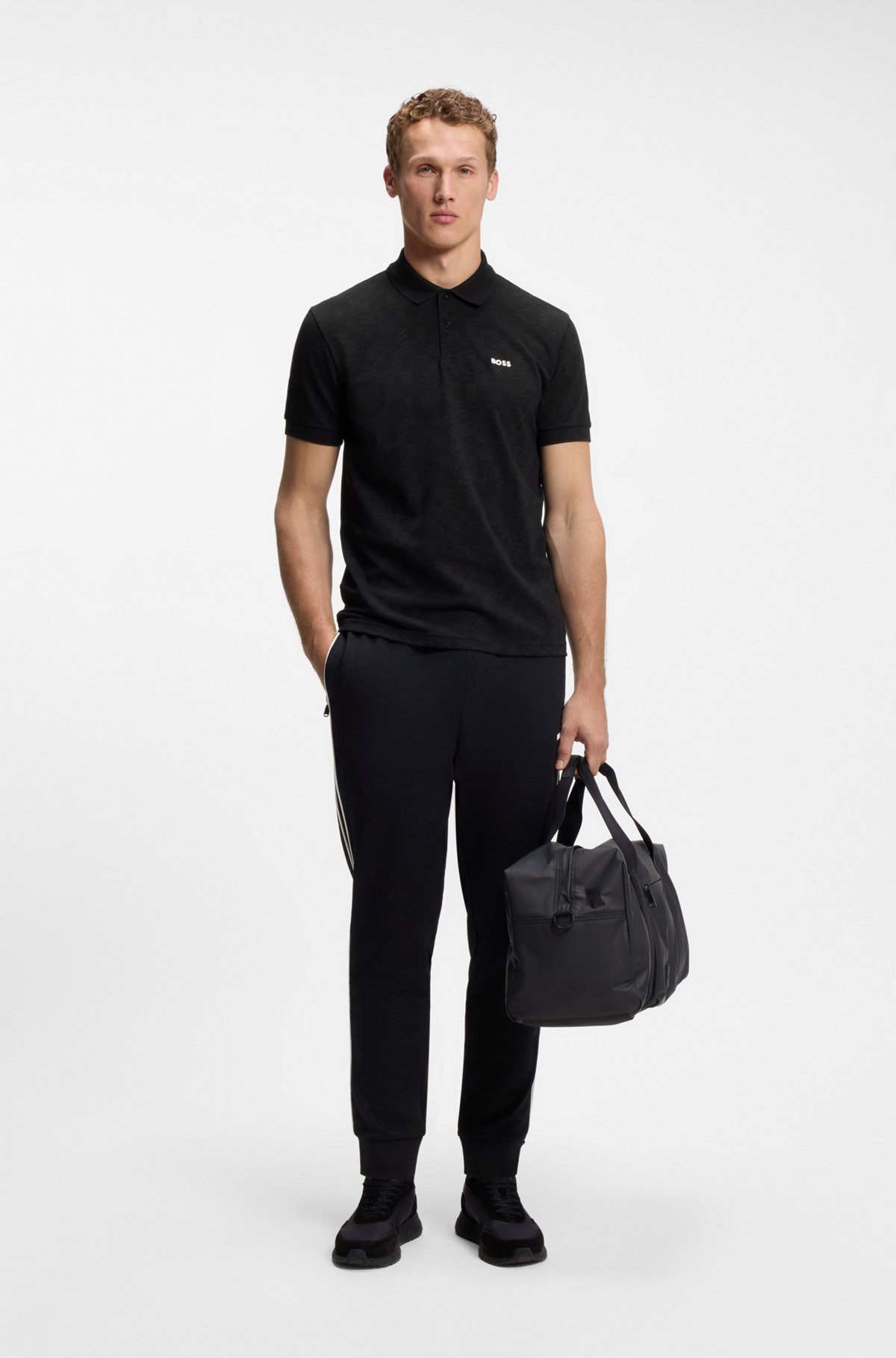 Cotton-piqué polo shirt with all-over print, Black