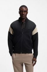 Zip-up cotton-blend sweatshirt with contrast inserts, Black