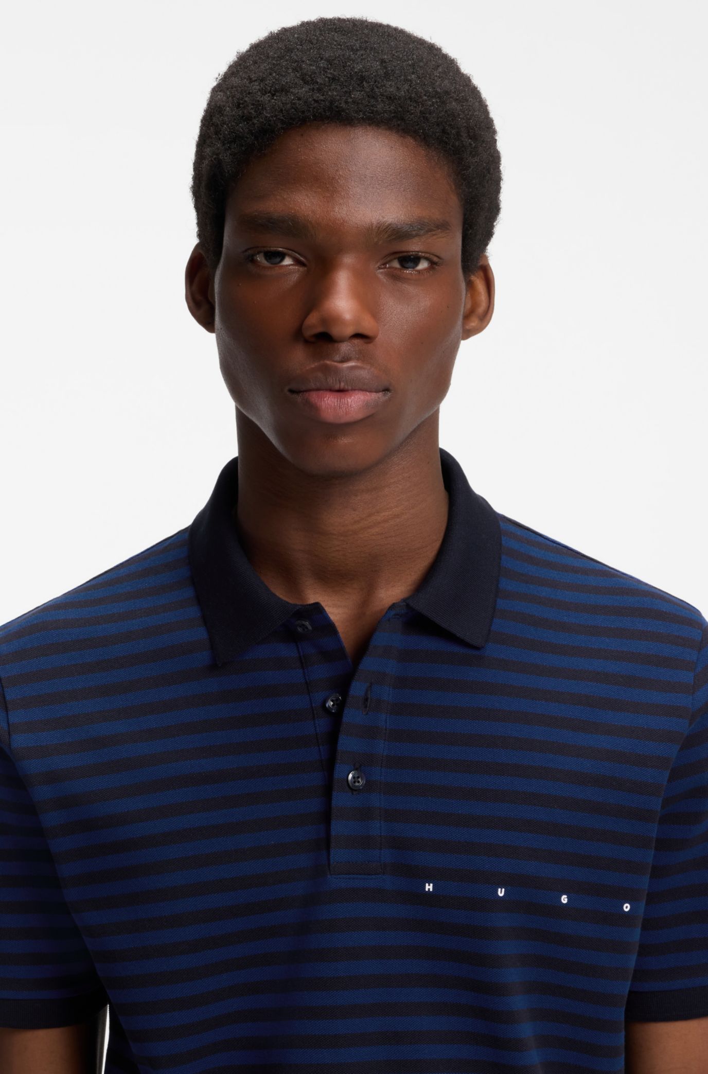 Cotton-piqué polo shirt with horizontal stripe, Black / Dark Blue