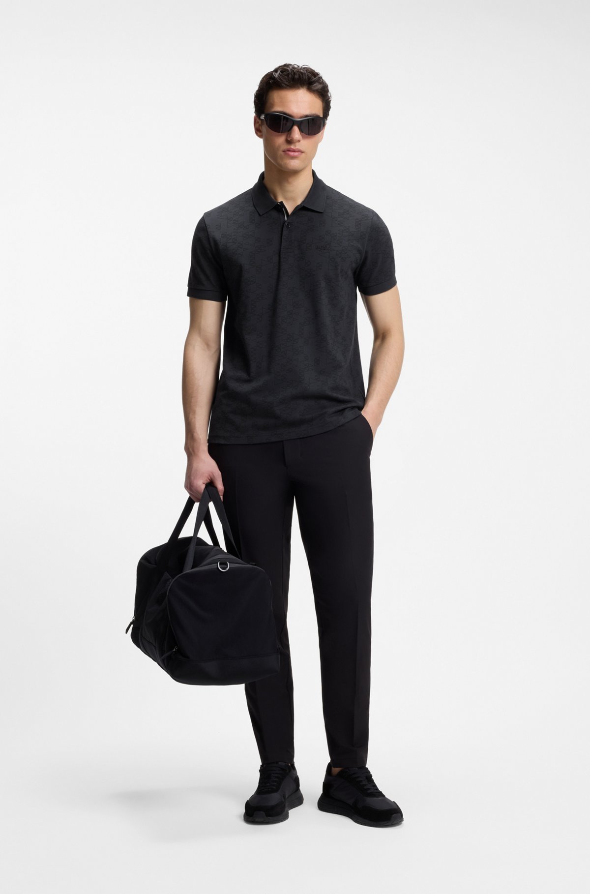Cotton-piqué polo shirt with all-over print, Dark Blue