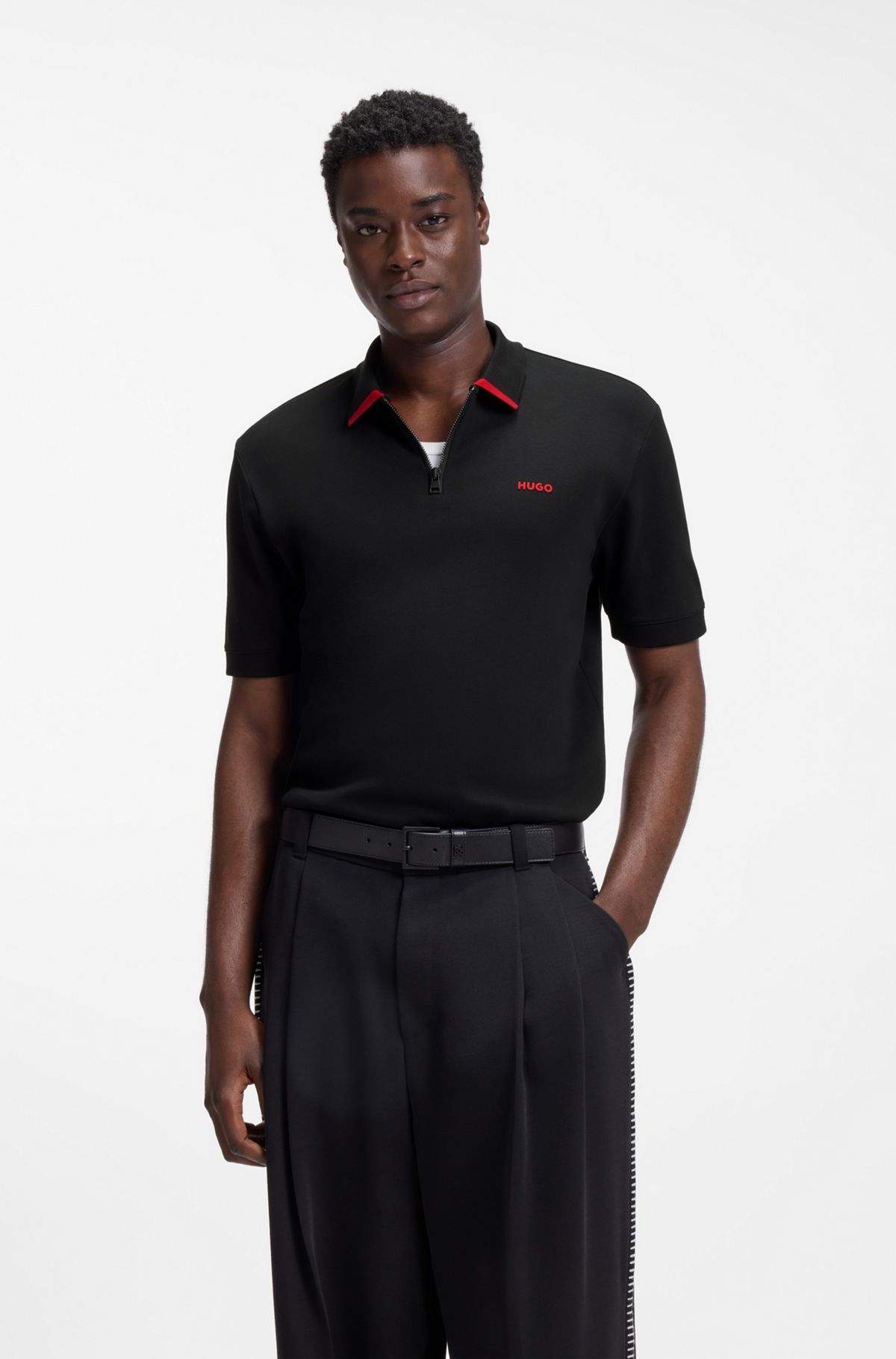 Cotton piqué polo shirt with zip neckline, Black