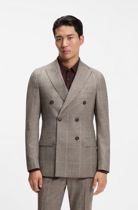 Slim-fit blazer in checked virgin wool, Brown Patterned