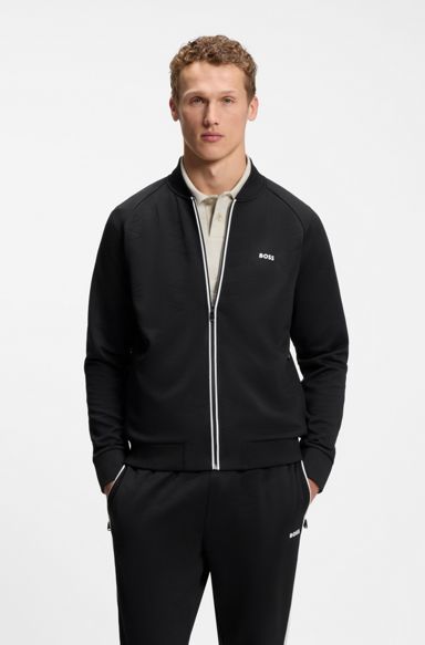 Triangle-jacquard zip-up sweatshirt with rubberised logo, Black