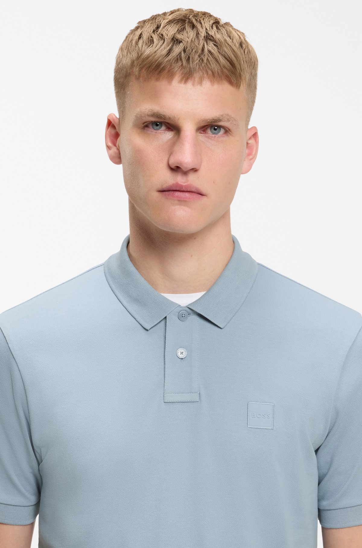 Stretch-cotton slim-fit polo shirt with logo patch, Light Blue
