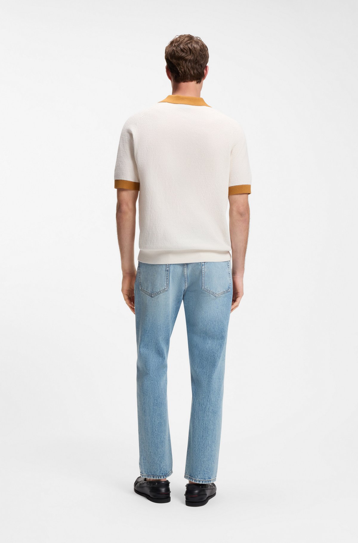 Waffle-knit polo in cotton with contrast trims, Natural