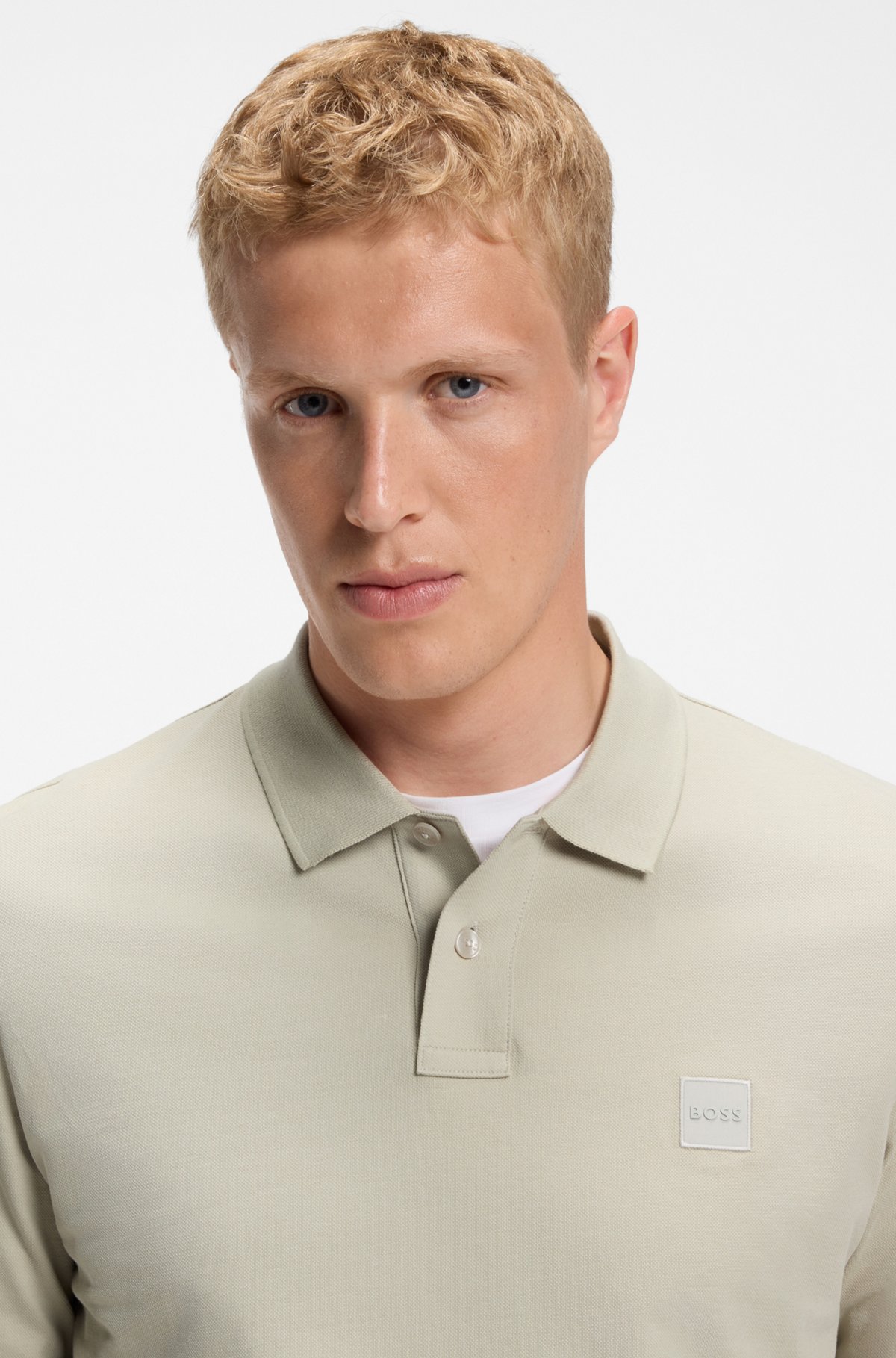 Slim-fit polo shirt in stretch-cotton piqué, Natural
