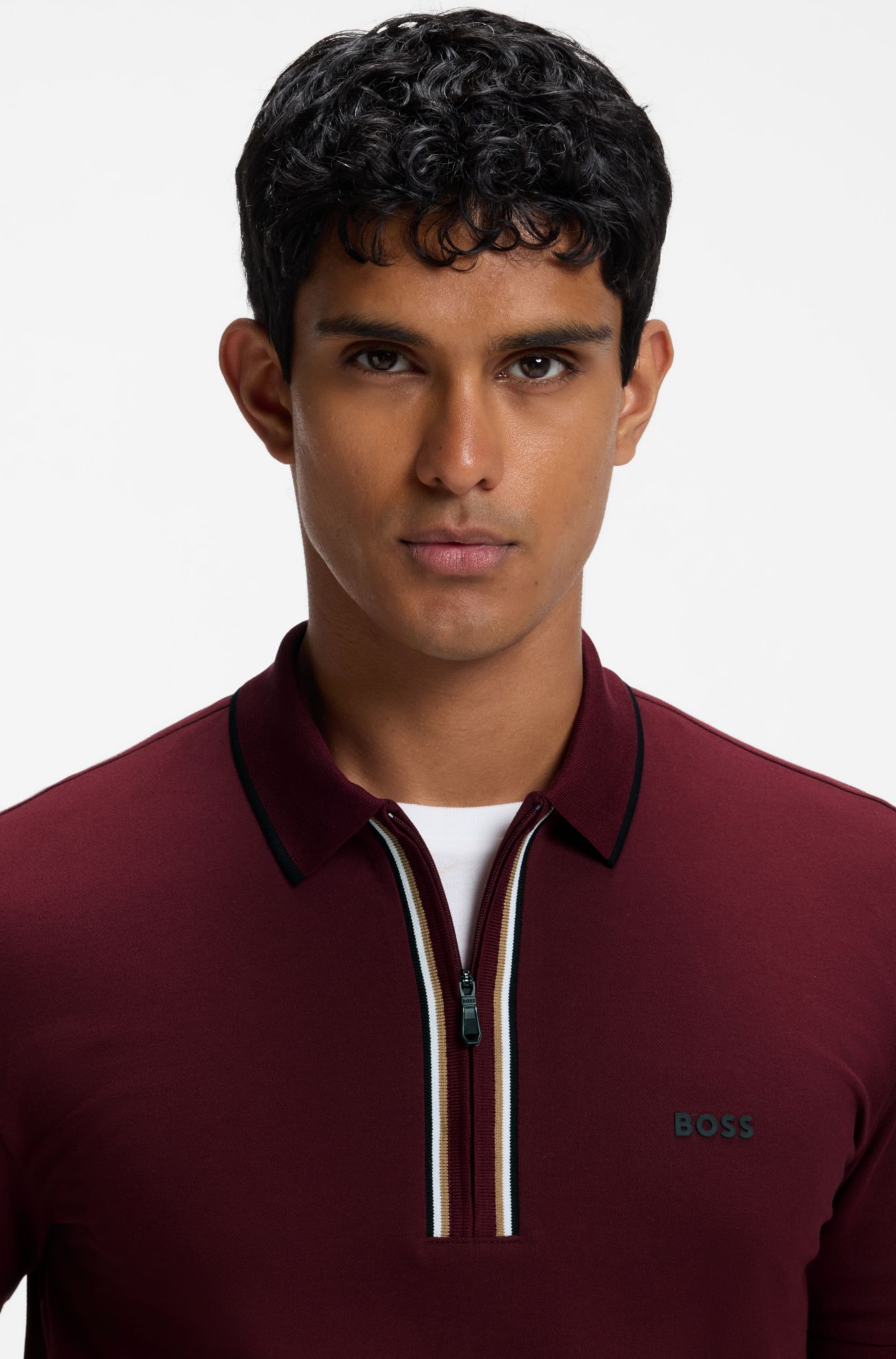 Active Slim-fit polo shirt in moisture-wicking stretch cotton, Dark Red