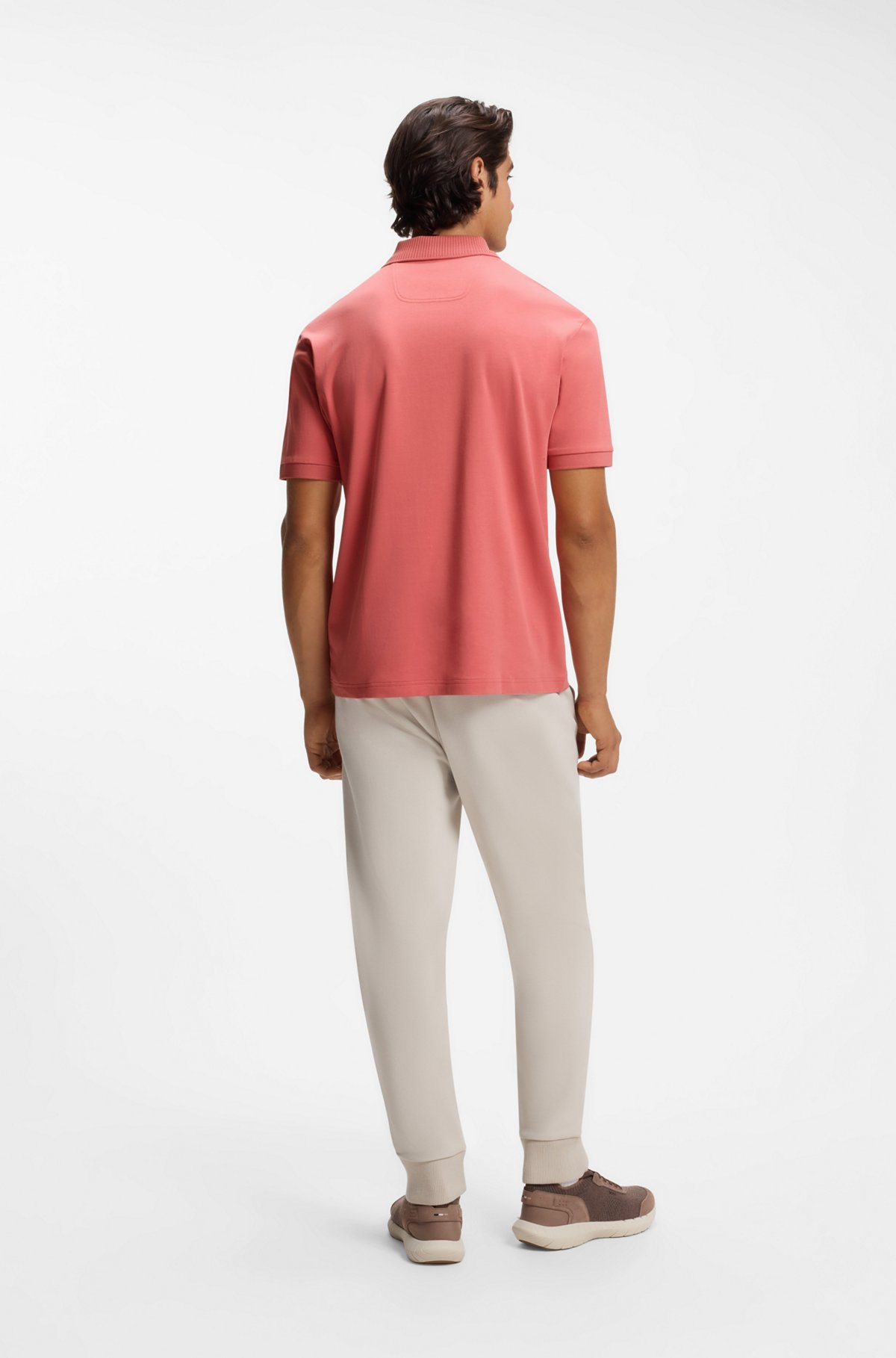 Striped-trim polo shirt in interlock cotton, Coral