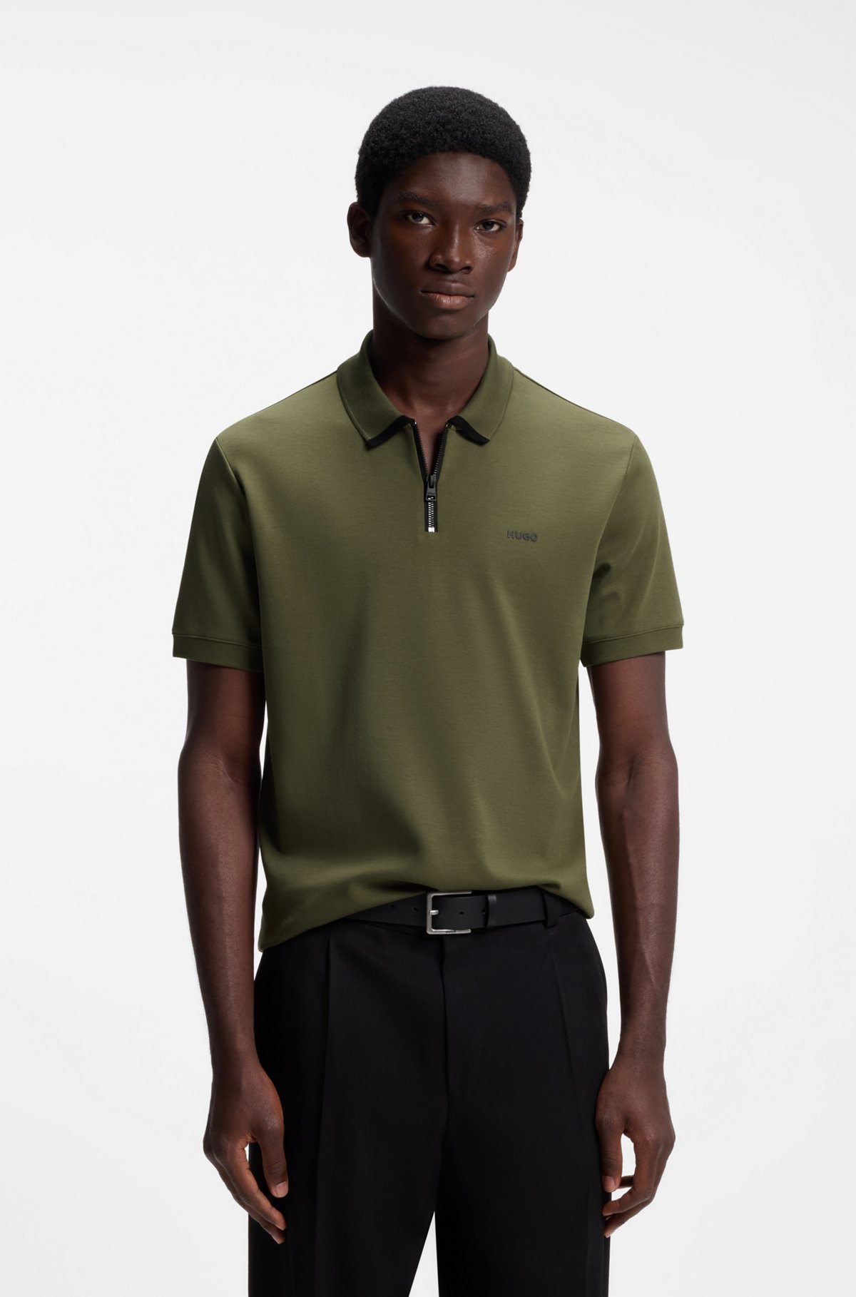 Cotton piqué polo shirt with zip neckline, Dark Green