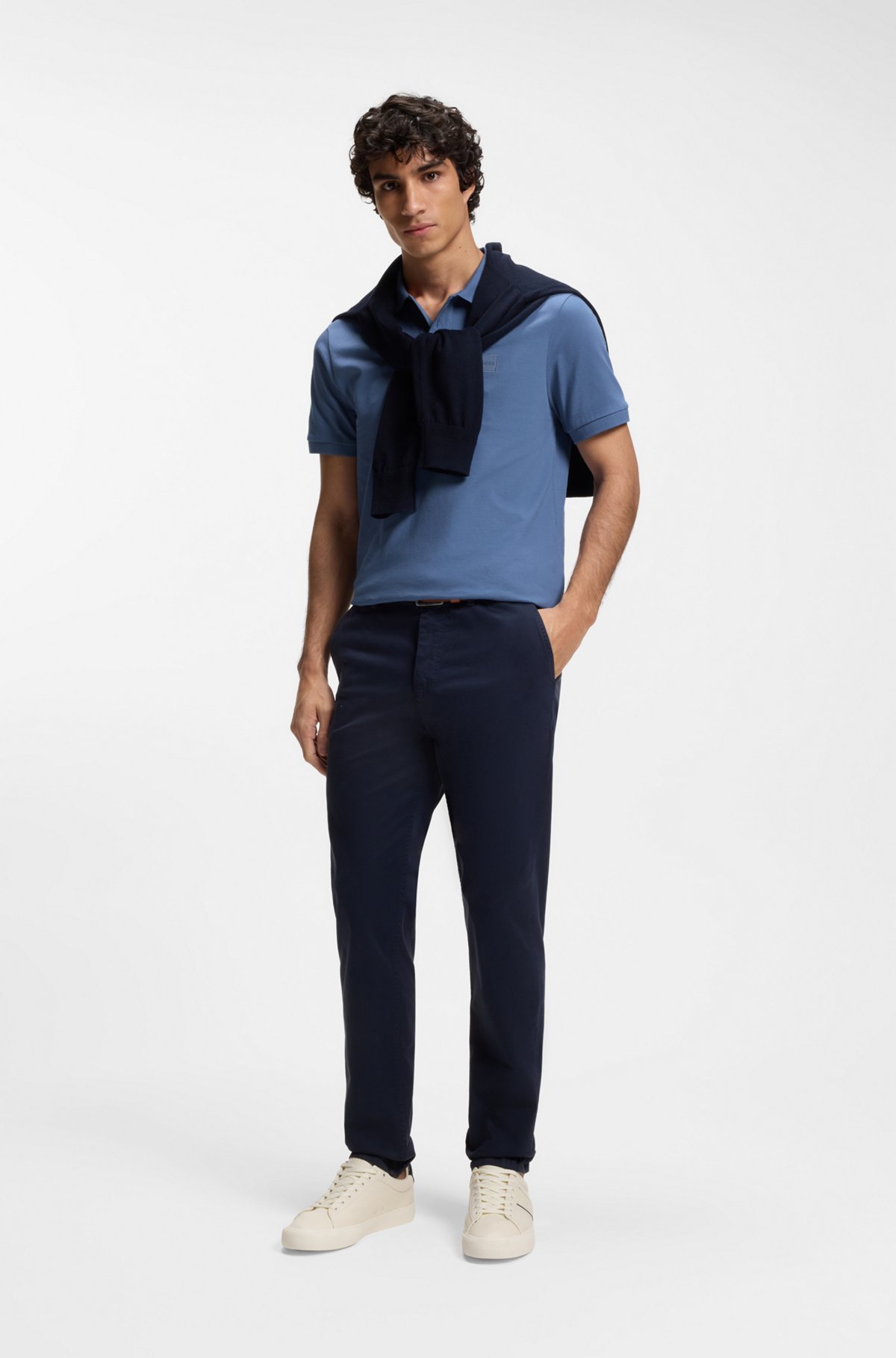 Stretch-cotton slim-fit polo shirt with logo patch, Blue