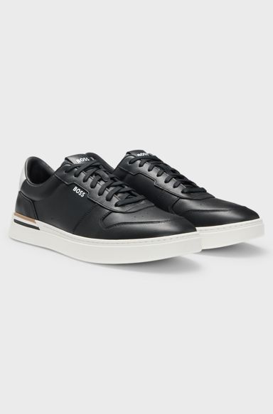 Leather trainers with contrast logos, Black