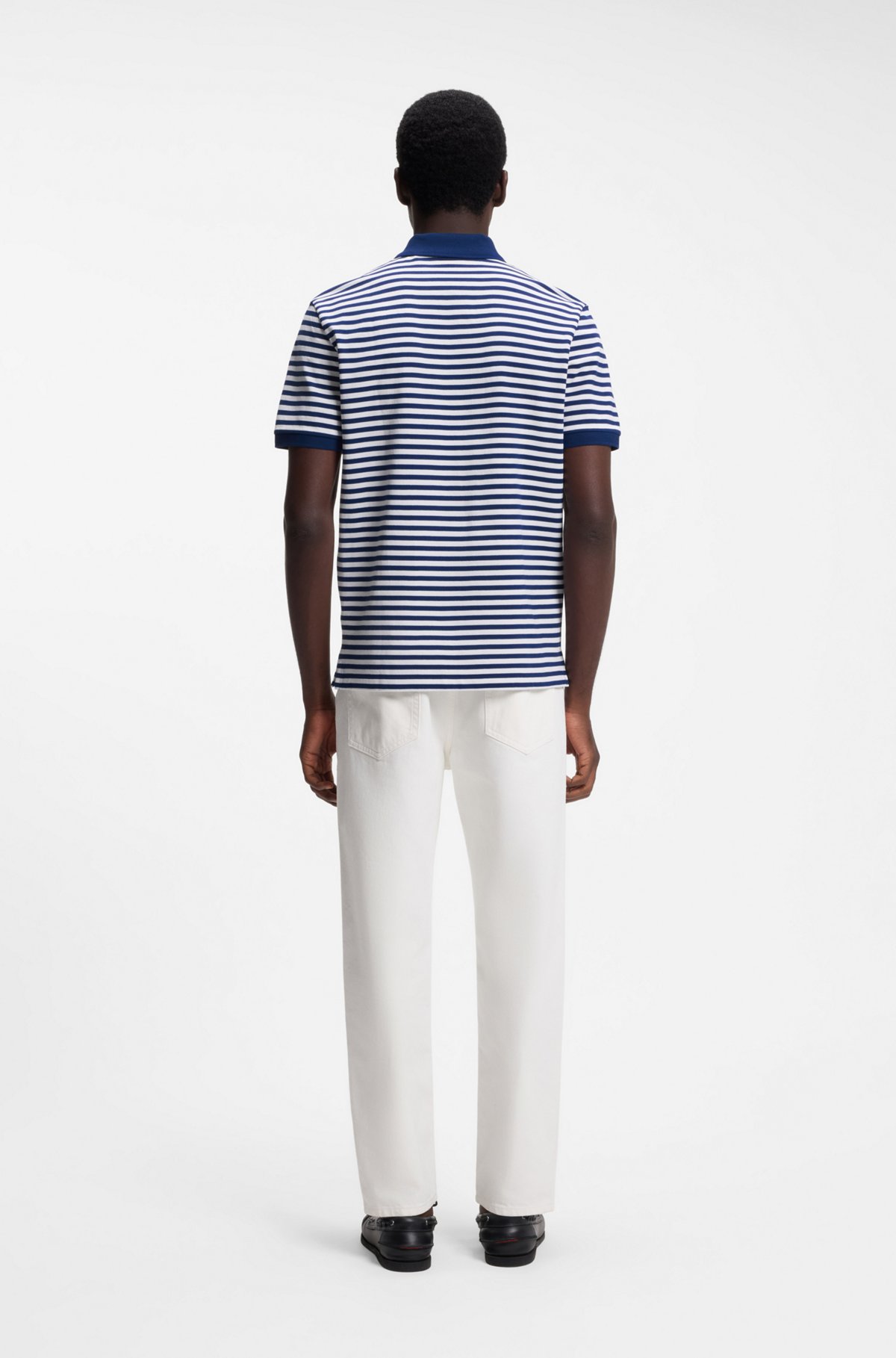 Cotton-piqué polo shirt with horizontal stripe, White / Blue