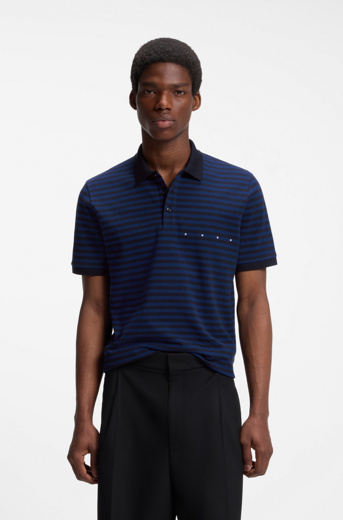 Cotton-piqué polo shirt with horizontal stripe, Black / Dark Blue