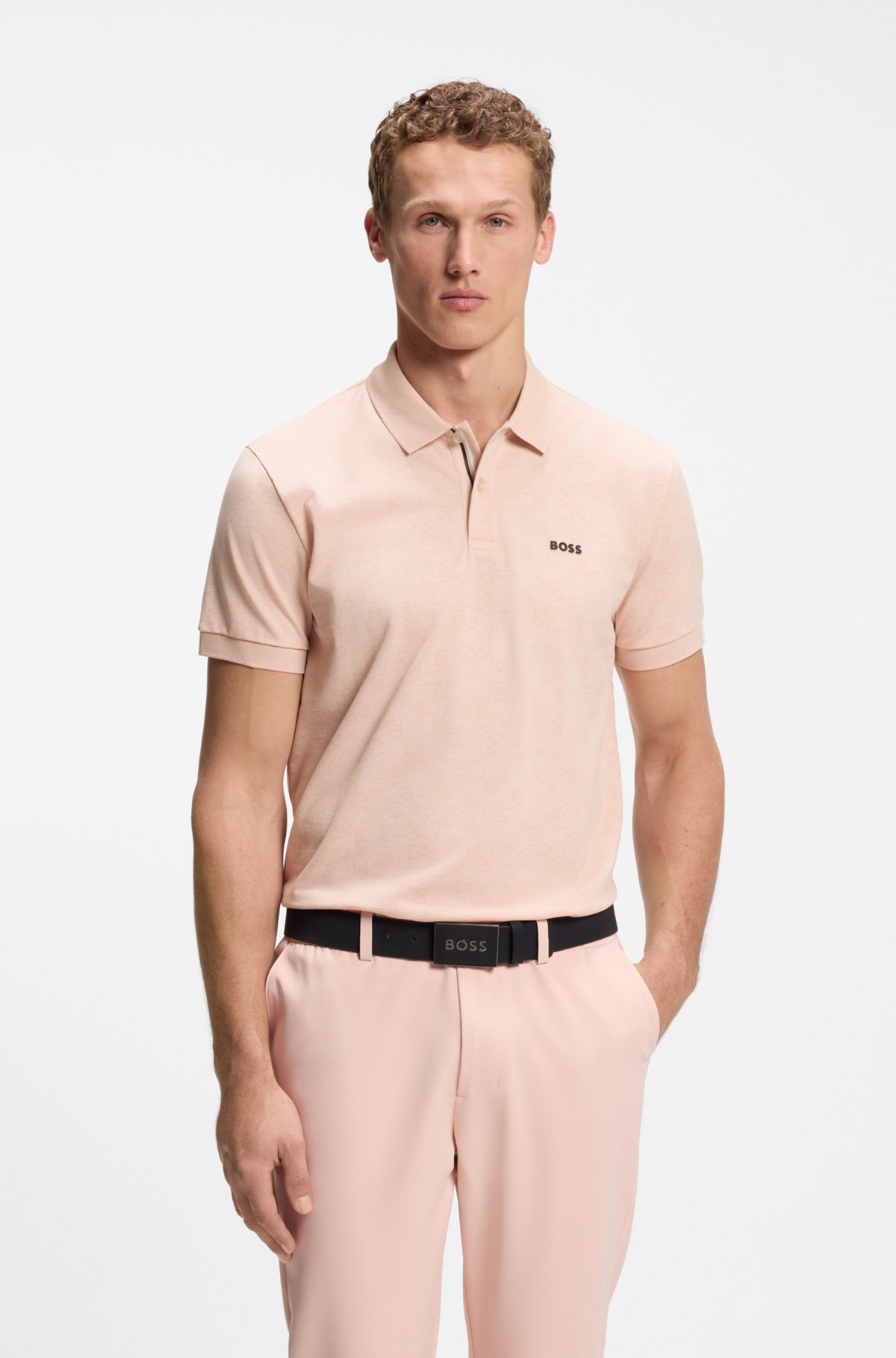 Cotton-piqué polo shirt with all-over print, Light Orange