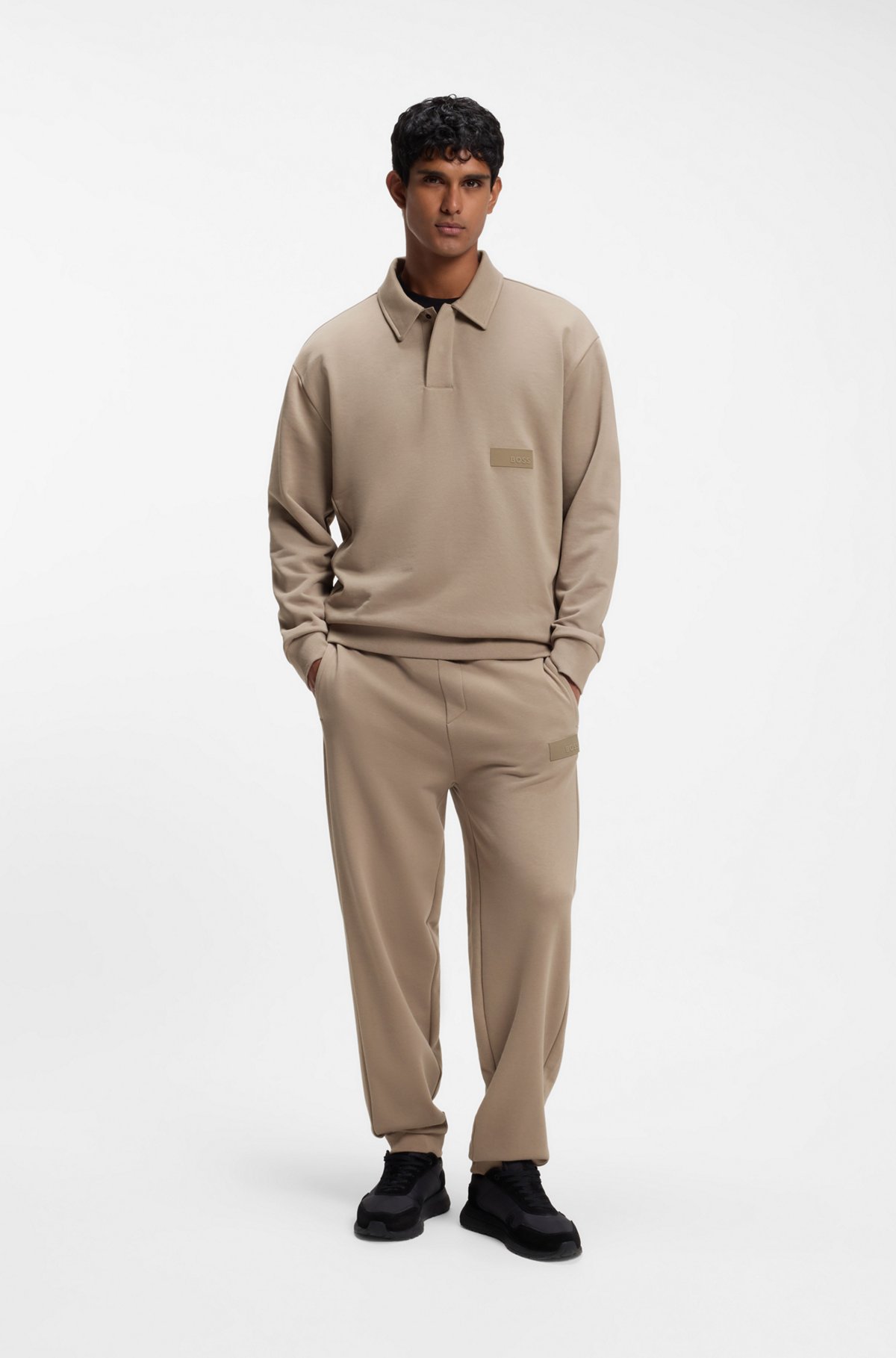 Relaxed-fit polo sweatshirt in French Terry, Light Brown