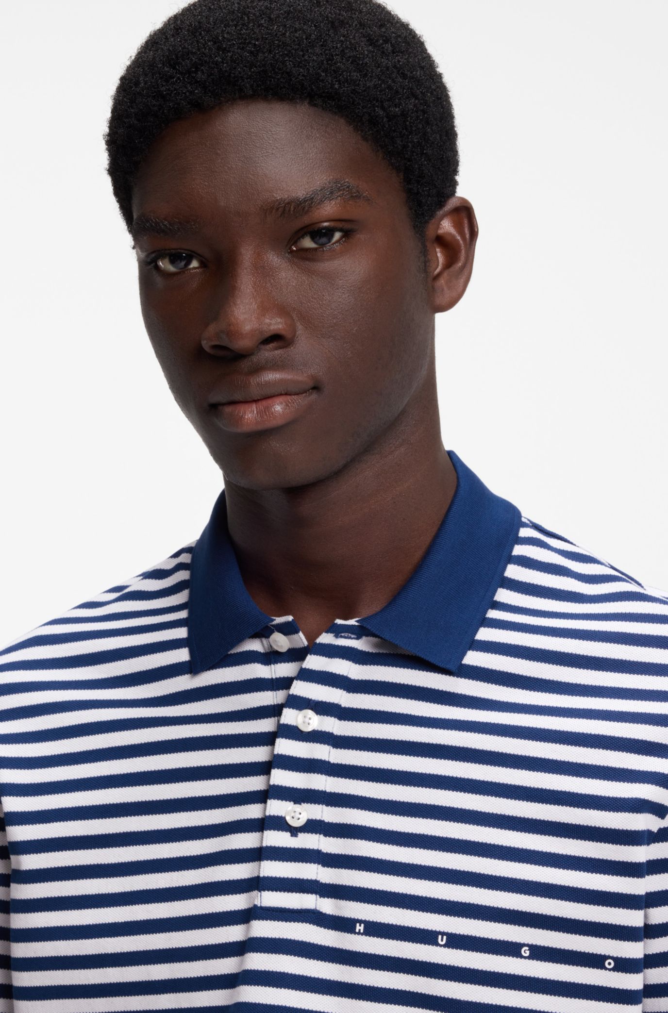 Cotton-piqué polo shirt with horizontal stripe, White / Blue
