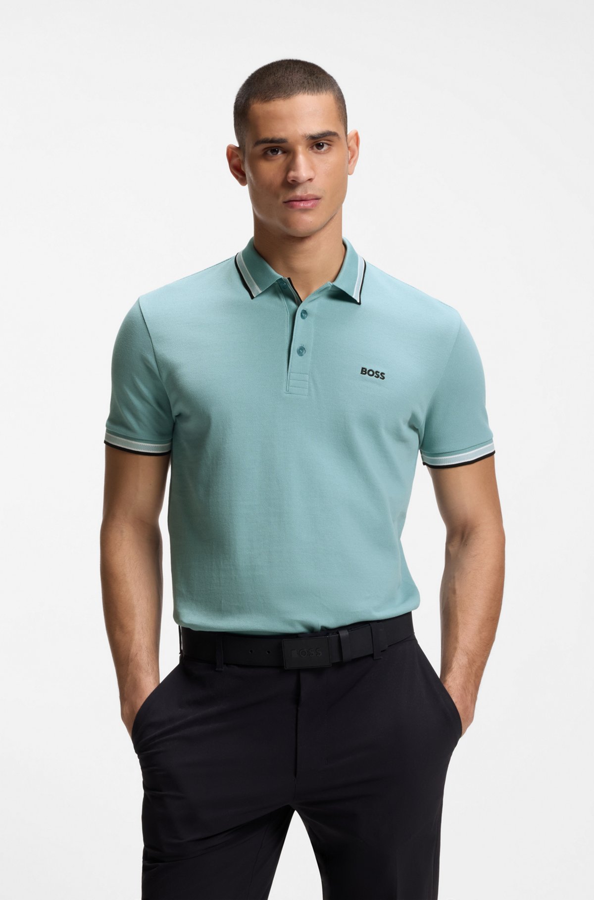 Cotton piqué polo shirt with logo details, Light Blue