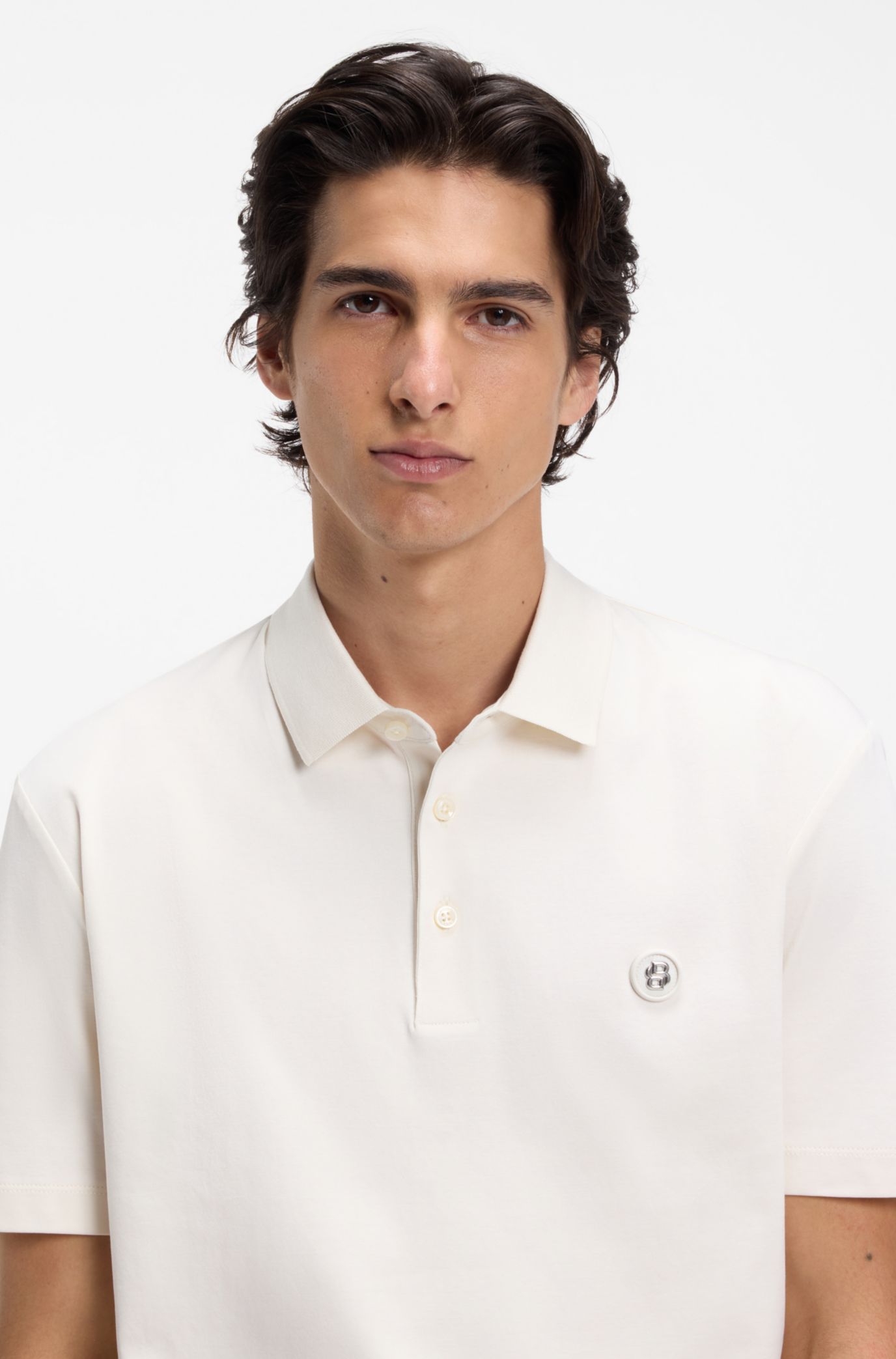 Polo shirt in mercerised cotton with Double B monogram, Natural