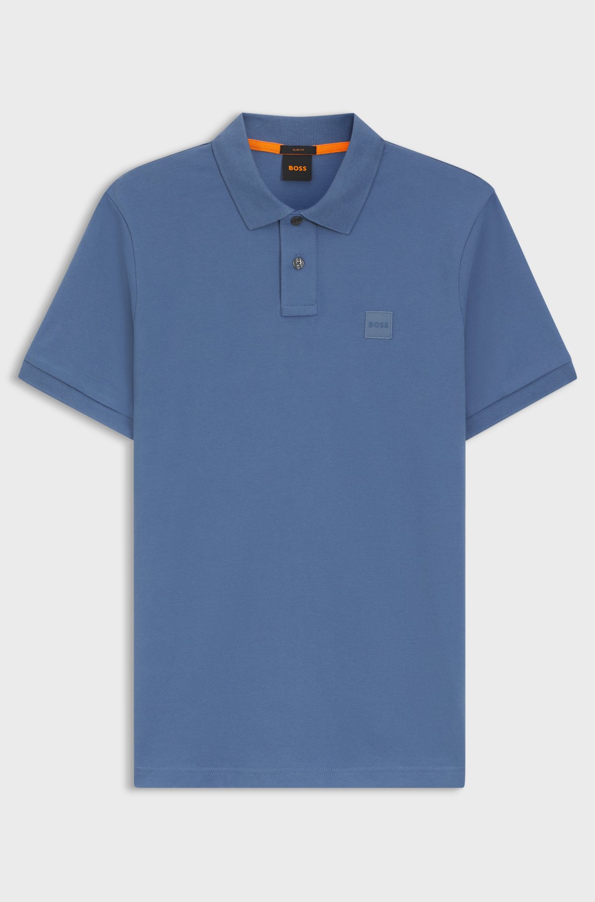 Stretch-cotton slim-fit polo shirt with logo patch, Blue