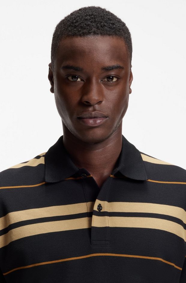 Regular-fit polo in cotton piqué with engineered stripes, Blue / Beige