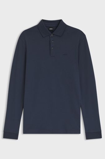 Long-sleeved polo shirt in interlock cotton with logo, Dark Blue