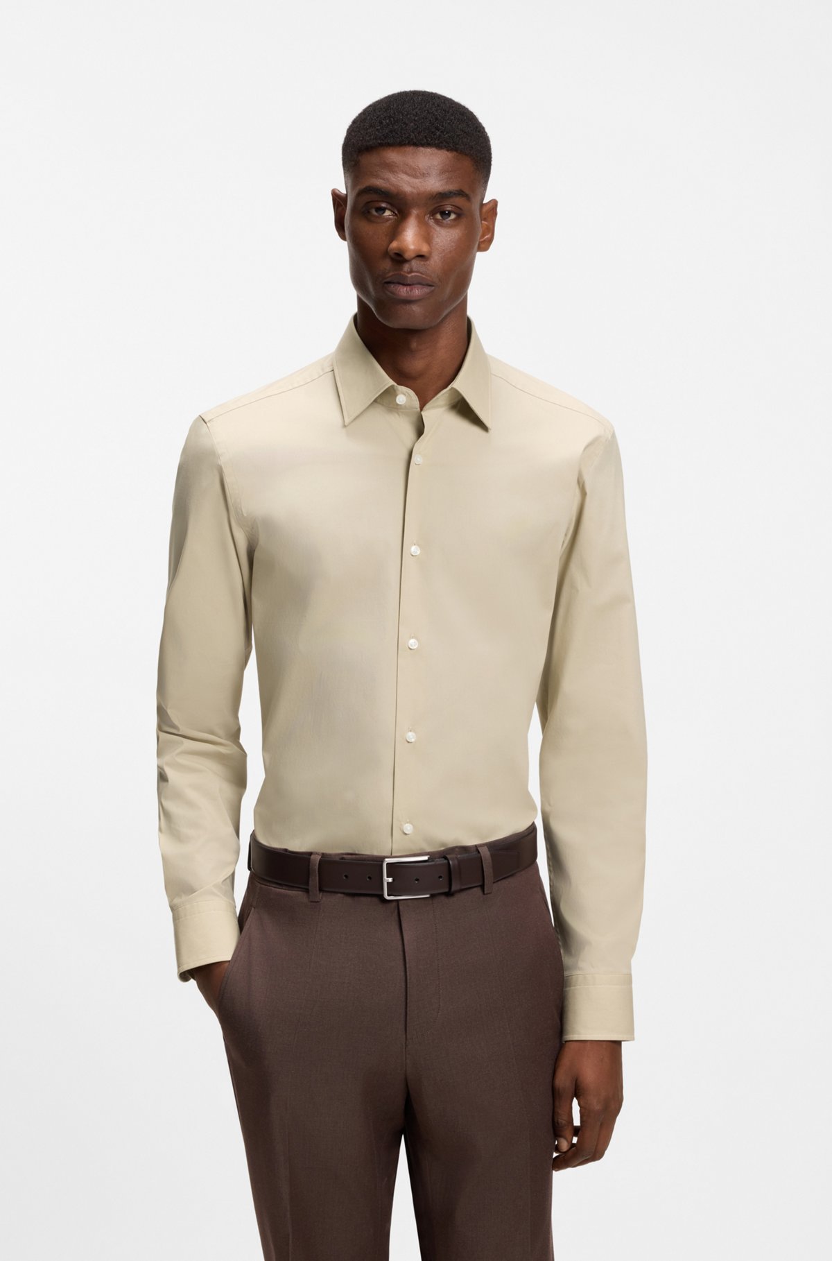 Slim-fit stretch-cotton shirt, Light Beige
