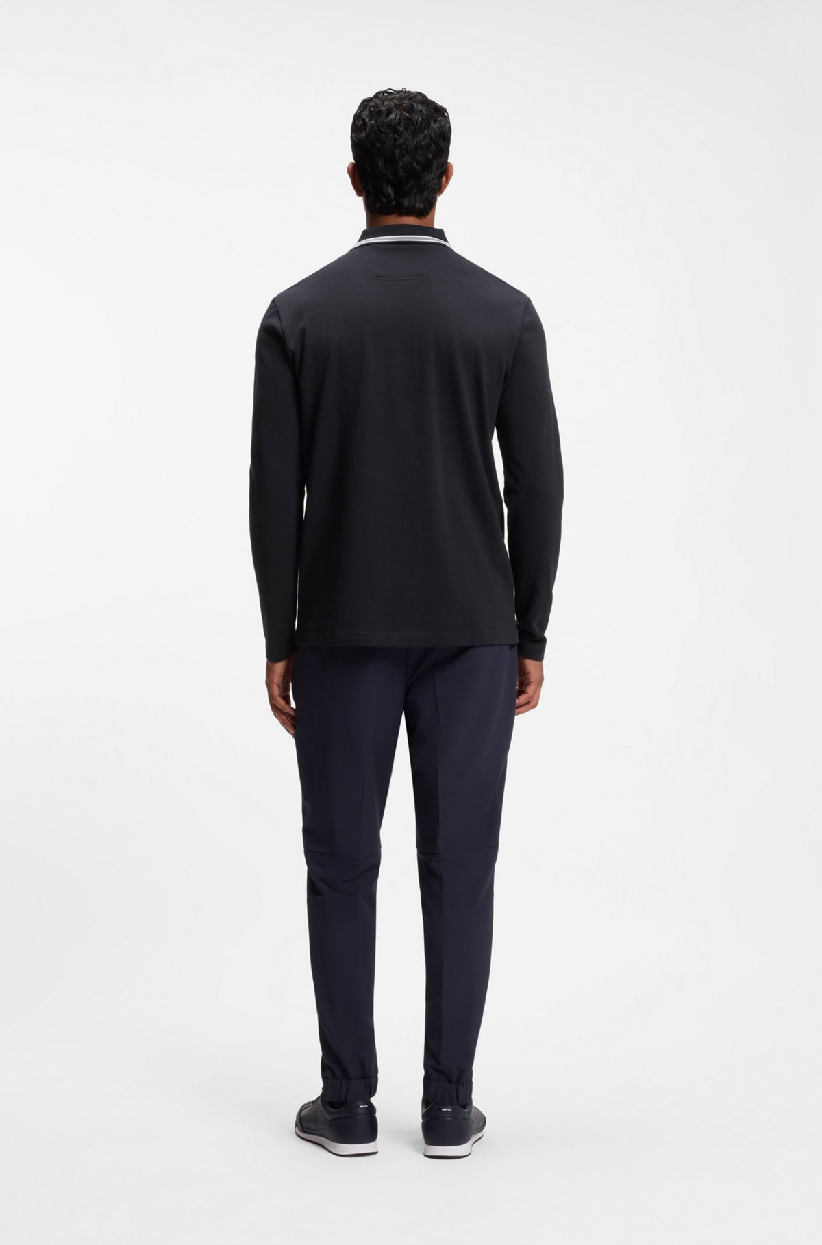 Long-sleeved cotton piqué polo shirt, Dark Blue