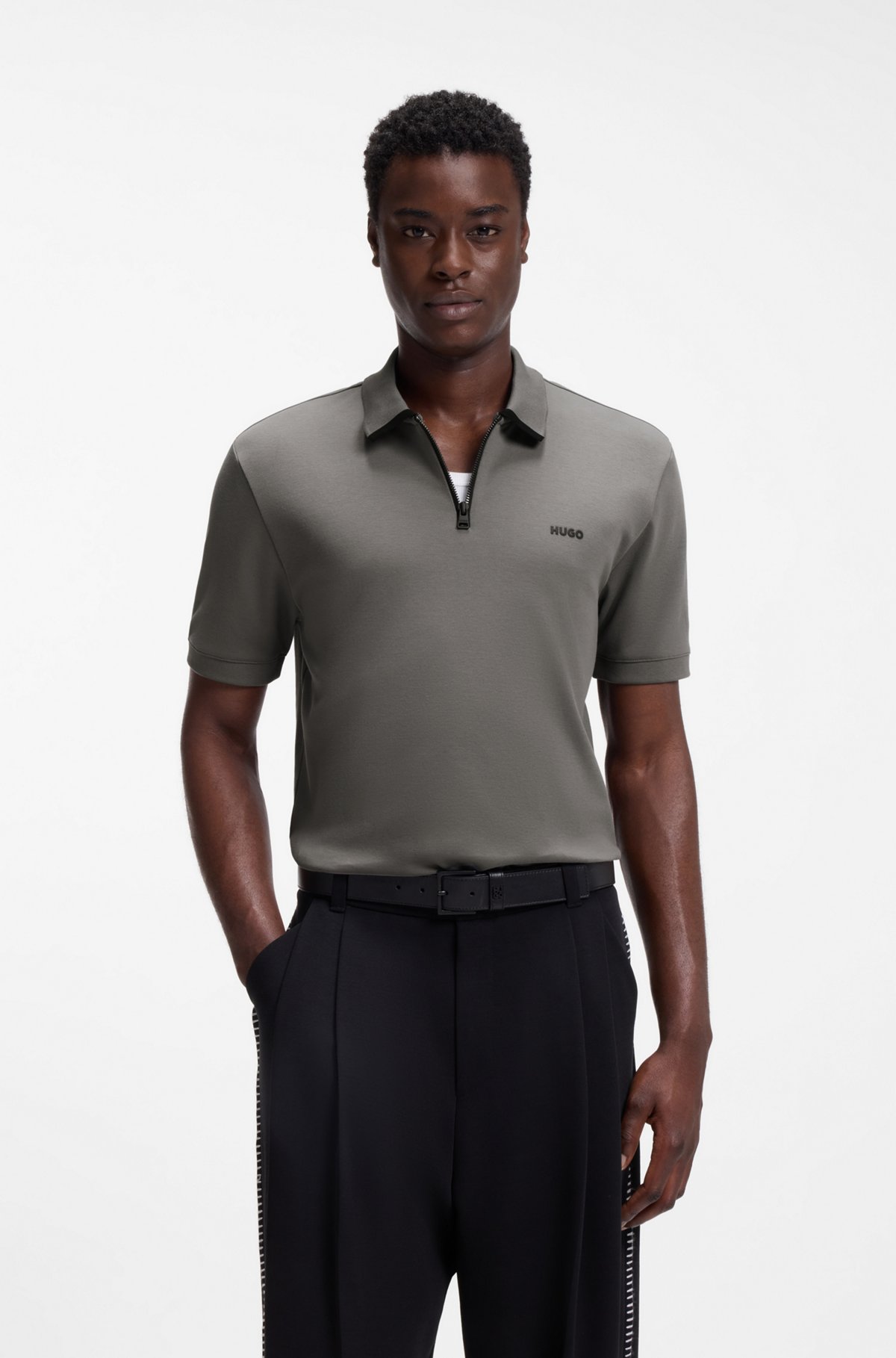 Cotton piqué polo shirt with zip neckline, Dark Grey