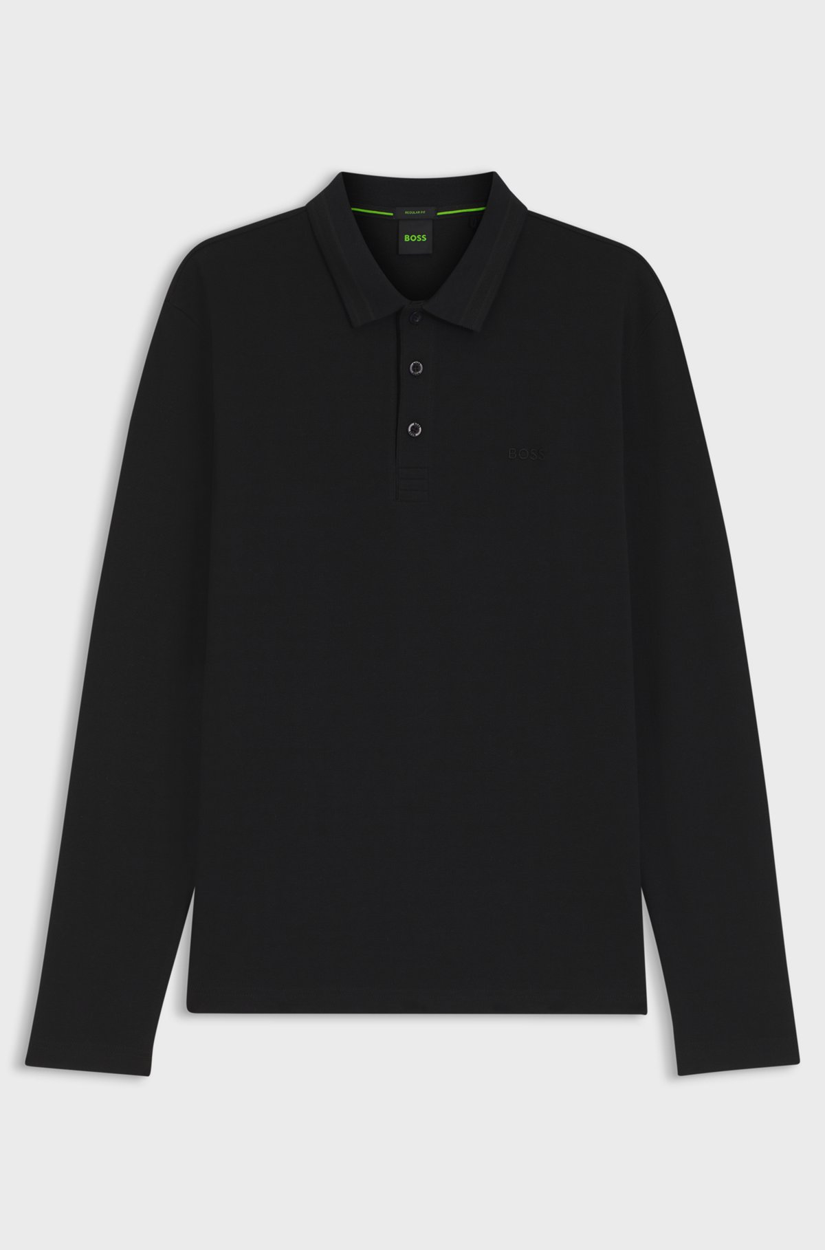 Long-sleeved cotton piqué polo shirt, Black