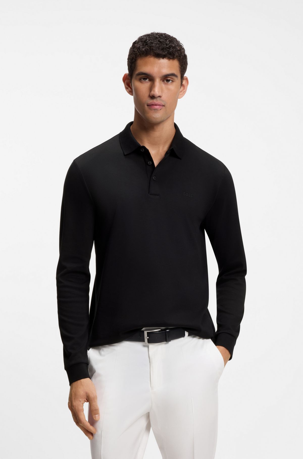 Long-sleeved polo shirt in interlock cotton with logo, Black