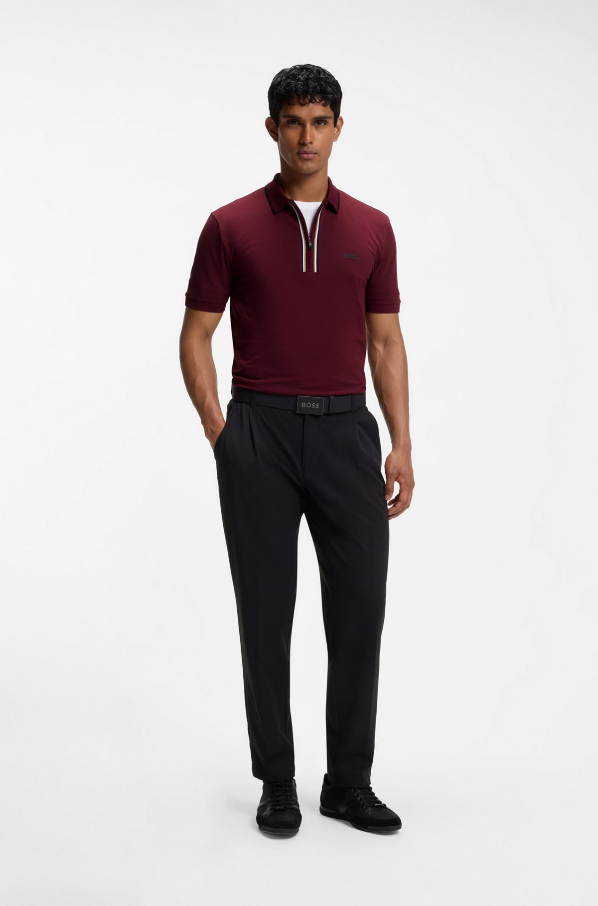 Active Slim-fit polo shirt in moisture-wicking stretch cotton, Dark Red