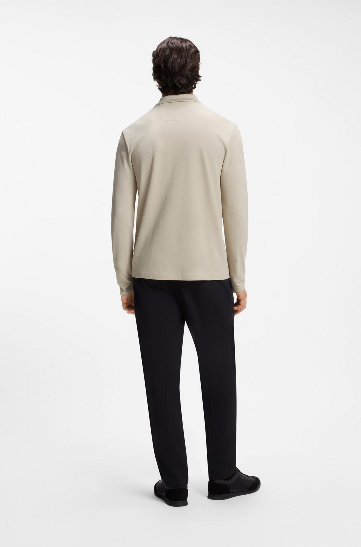 Long-sleeved cotton piqué polo shirt, Light Beige