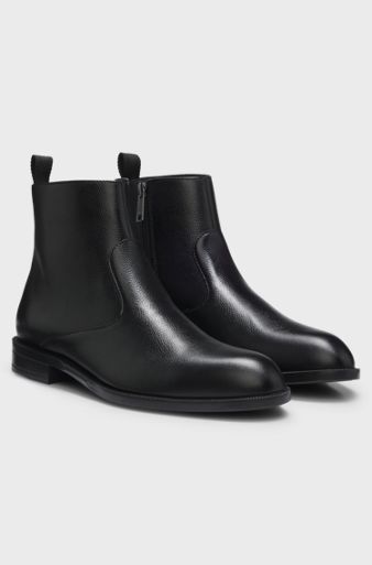 Grained-leather boots with side zip, Black