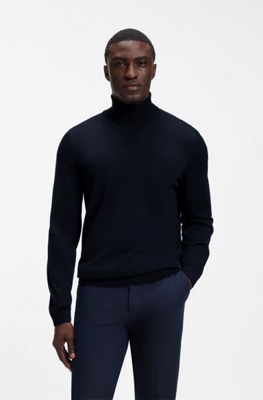 Slim-fit rollneck sweater in extra-fine merino wool, Dark Blue