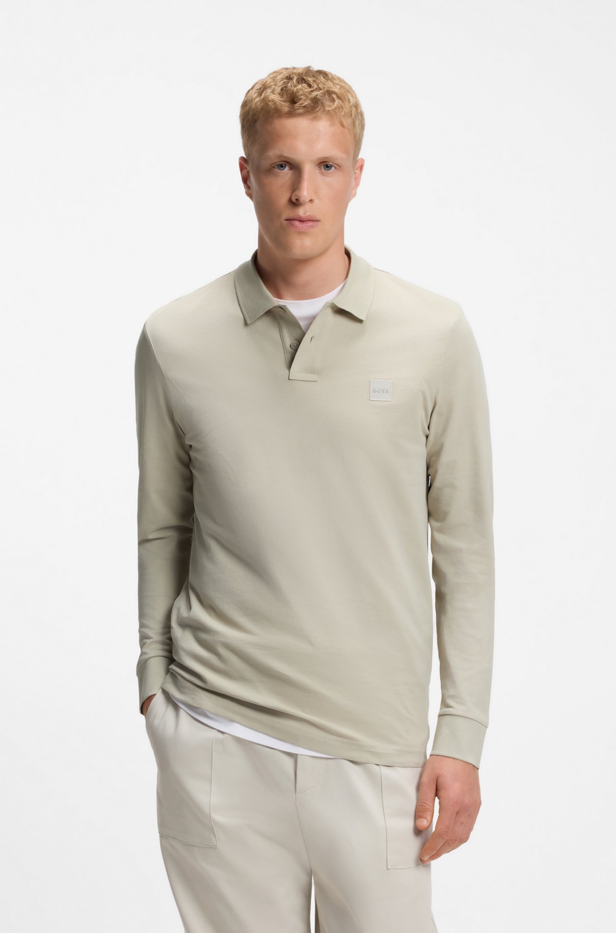 Slim-fit polo shirt in stretch-cotton piqué, Natural