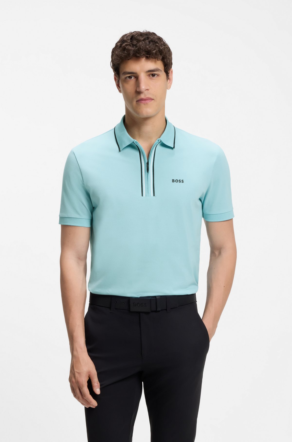 Active Slim-fit polo shirt in moisture-wicking stretch cotton, Light Blue