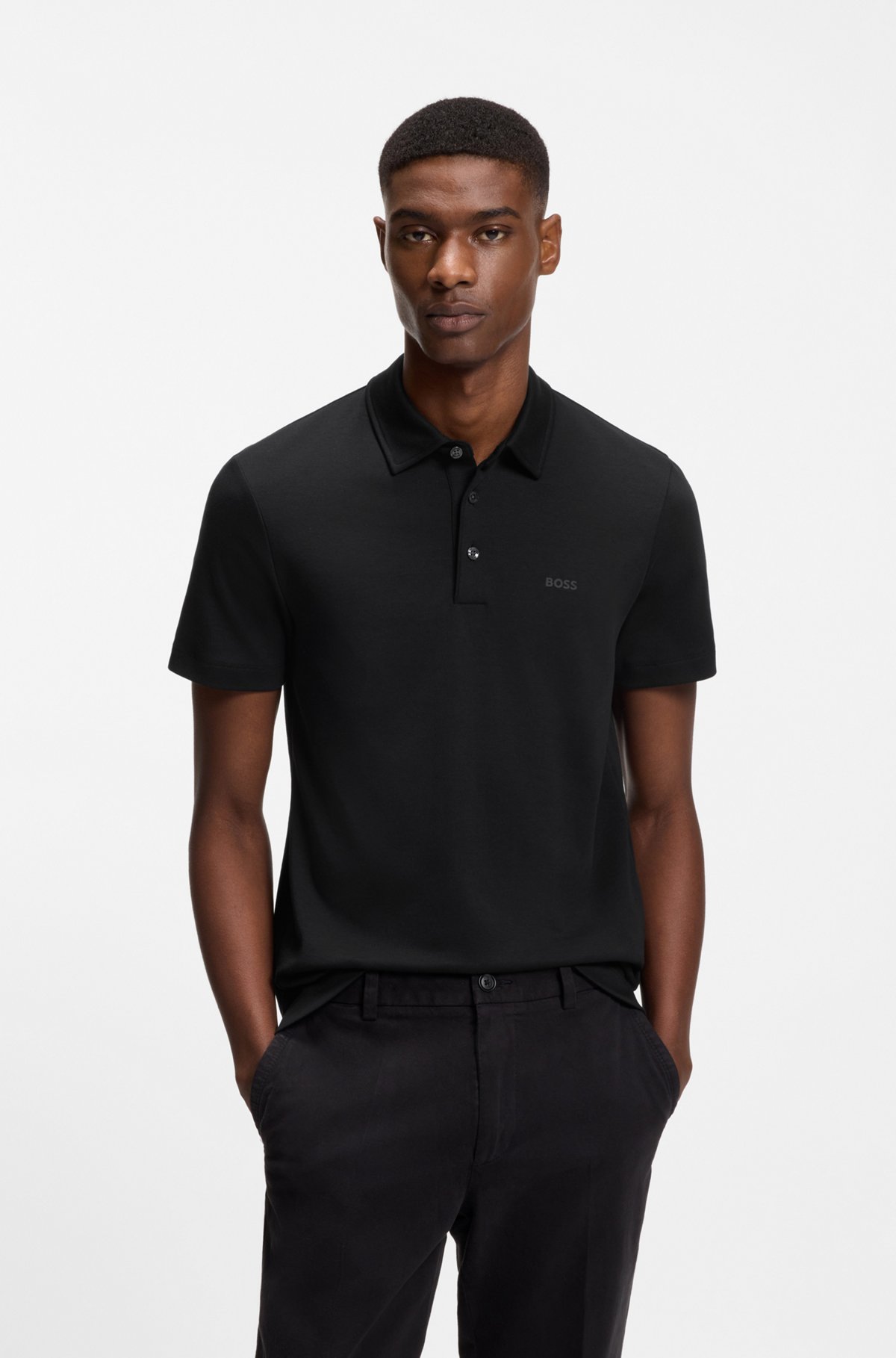 Slim-fit polo shirt in interlock cotton, Black