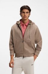 Relaxed-fit zip-up hoodie with double neckline, Light Brown