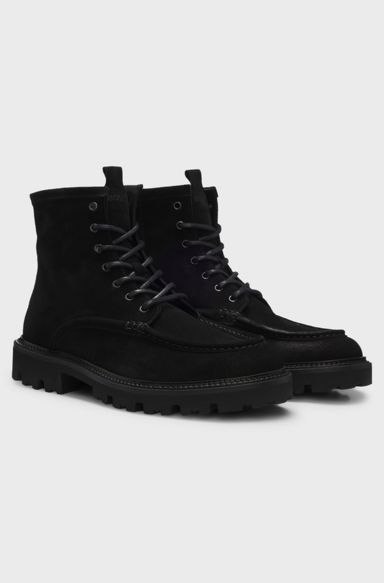 Lace-up boots in suede with side zip, Black