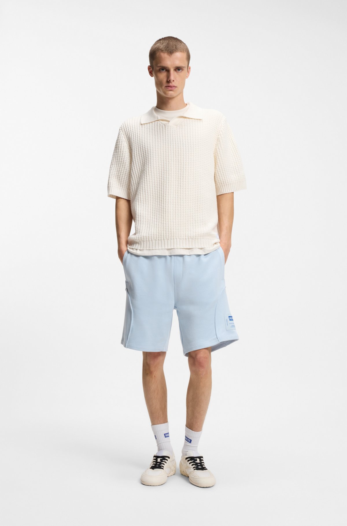 Waffle-structure knit polo with Johnny collar, Natural