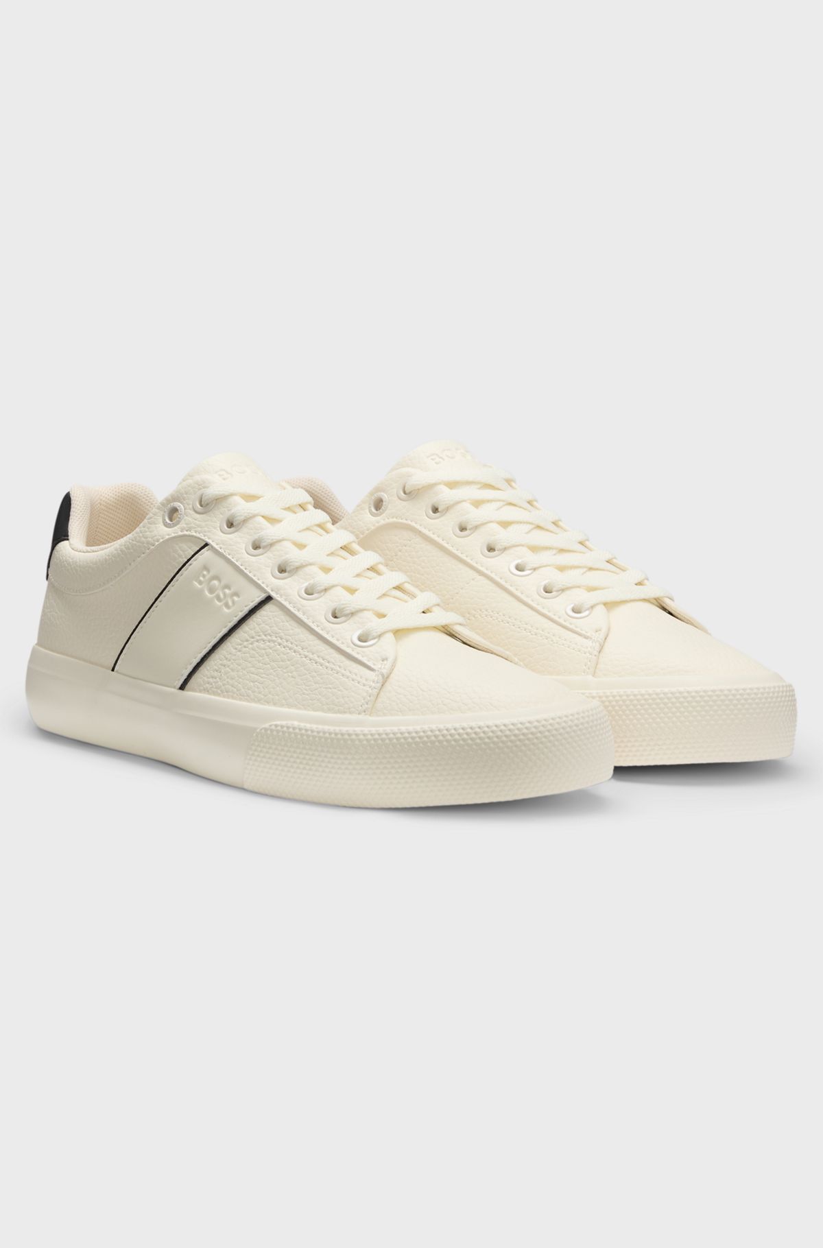 Faux-leather trainers with plain and grained textures, White