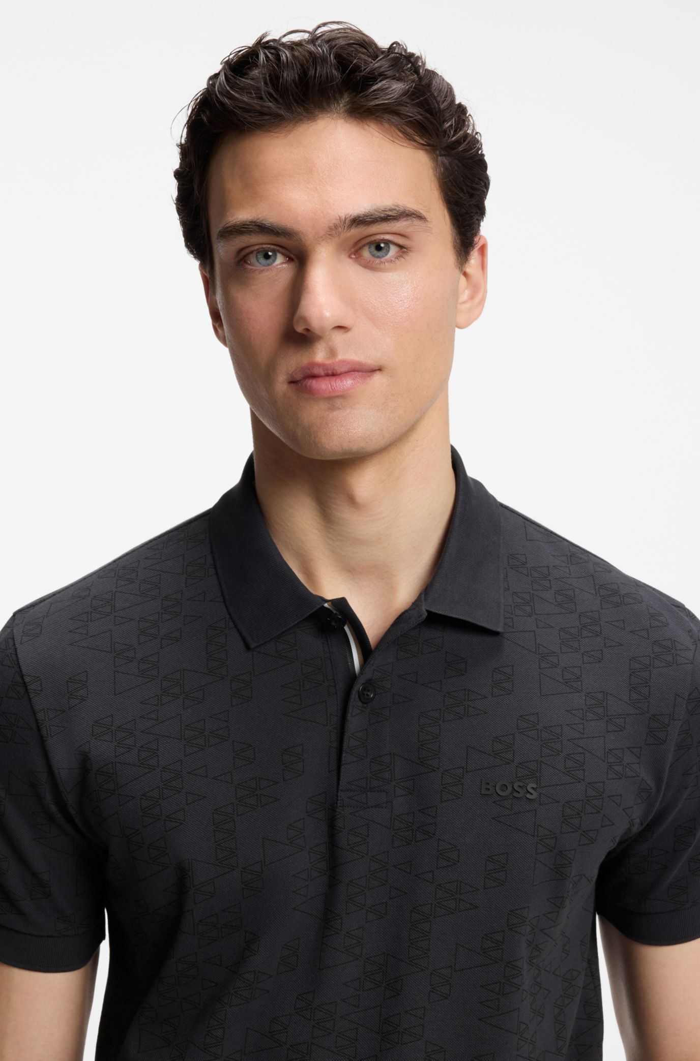 Cotton-piqué polo shirt with all-over print, Dark Blue